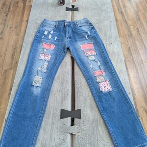 Women’s Blue Distressed Patchwork Jeans with Pink Accents Size M